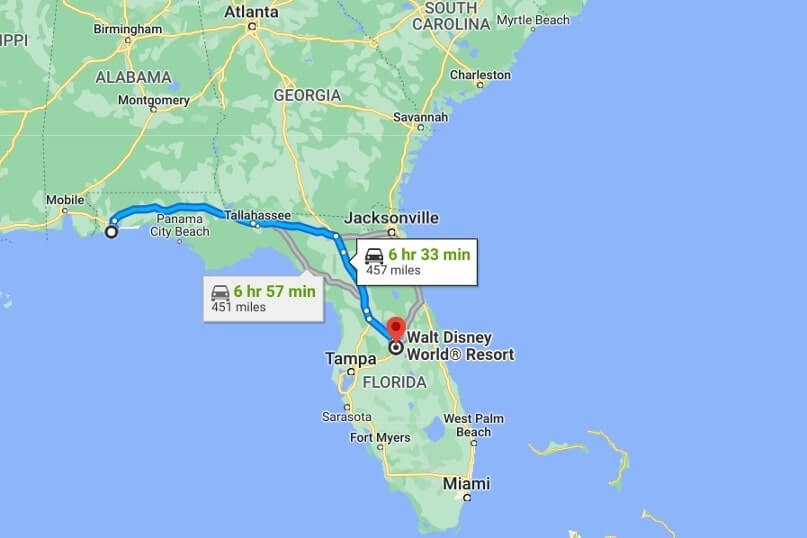 Pensacola to disney world map of driving route to walt disney world. florida road trip map. florida travel blog