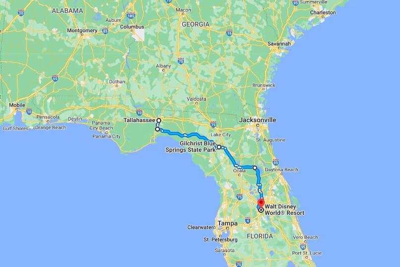 Tallahassee to Disney World map of driving route with stops. florida road trip map. florida travel blog