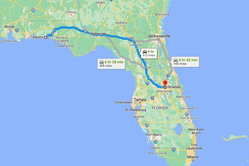 Destin to Orlando map of driving route. florida road trip map. florida travel blog