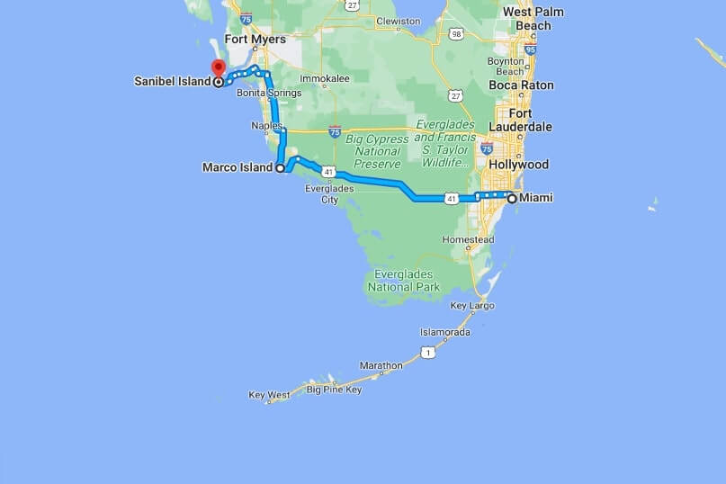 map of best route for Miami to Sanibel Island drive. Miami to Sanibel Island road trip. tamiami trail or alligator alley I-75. south florida travel blog