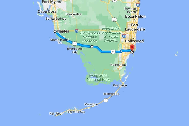 map of best route for Naples to Miami drive. Naples to Miami road trip. tamiami trail or alligator alley I-75. south florida travel blog