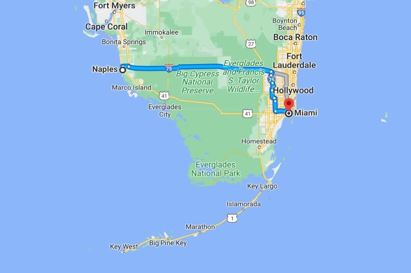 map of route for Naples to Miami drive. Naples to Miami road trip. I-75 alligator alley or tamiami trail. south florida travel blog