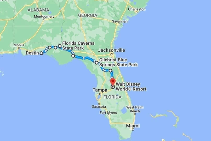 best driving route Florida Panhandle to Disney World map of driving route. florida road trip map. florida travel blog