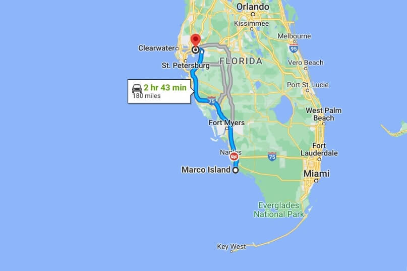 Marco Island to Tampa map driving route. florida road trip map. florida travel blog