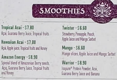 tropical tribe smoothie menu. waikiki acai bowl. honolulu oahu hawaii