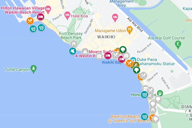 waikiki map. waikiki snorkeling map. waikiki beach map. waikiki hotels map.
