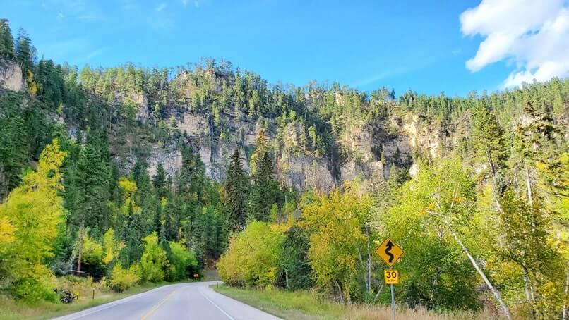 driving the spearfish canyon scenic byway to kissing rocks. savoy to kissing rocks to spearfish. black hills national forest, south dakota