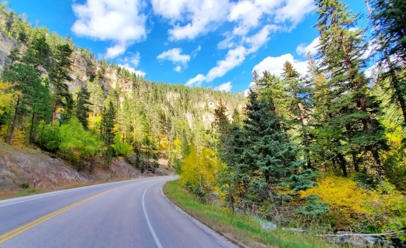driving the spearfish canyon scenic byway to kissing rocks. savoy to kissing rocks to spearfish. black hills national forest, south dakota