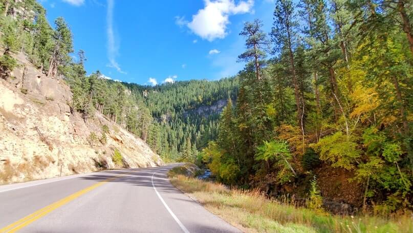 driving the spearfish canyon scenic byway to kissing rocks. savoy to kissing rocks to spearfish. black hills national forest, south dakota