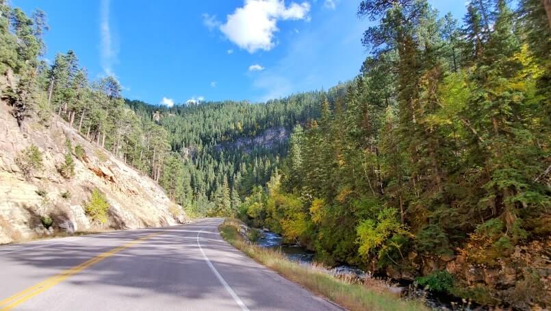 driving the spearfish canyon scenic byway to kissing rocks. savoy to kissing rocks to spearfish. black hills national forest, south dakota