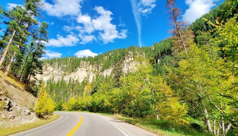 driving the spearfish canyon scenic byway to kissing rocks. savoy to kissing rocks to spearfish. black hills national forest, south dakota