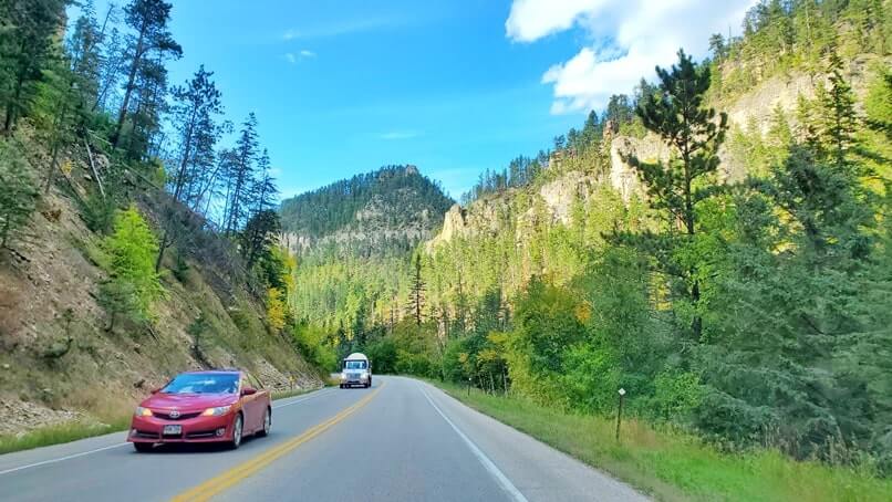 driving the spearfish canyon scenic byway to kissing rocks. savoy to kissing rocks to spearfish. black hills national forest, south dakota