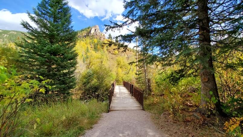 spearfish falls trail bridge in spearfish canyon, black hills
