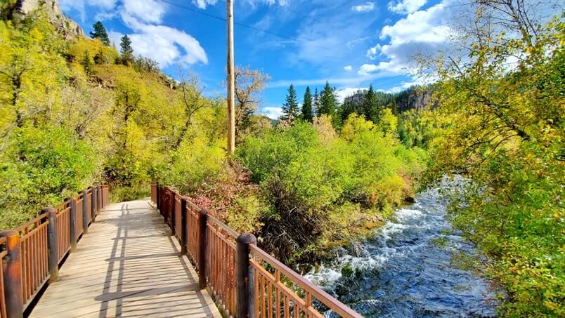 spearfish creek. spearfish falls trail bridge in spearfish canyon, black hills