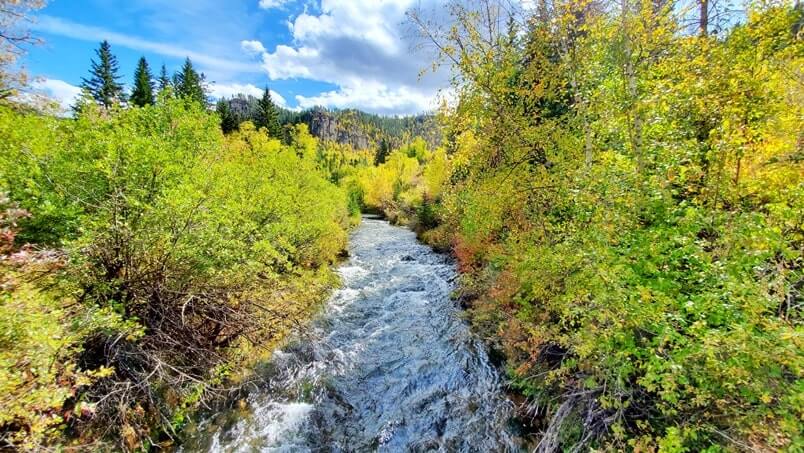 spearfish creek. spearfish falls trail bridge in spearfish canyon, black hills