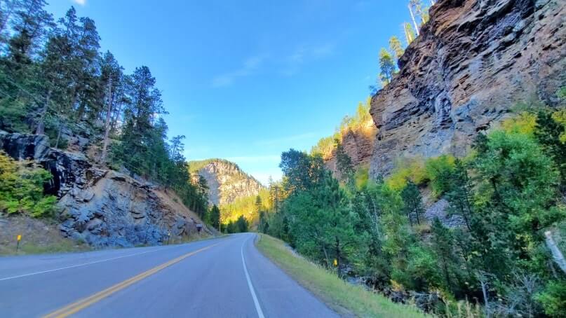 driving the spearfish canyon scenic byway from bridal veil falls to split rock. black hills. south dakota