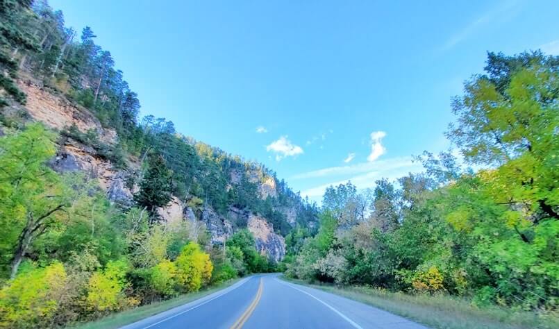 driving the spearfish canyon scenic byway from bridal veil falls to split rock. black hills. south dakota