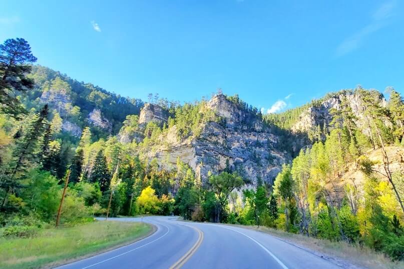 driving the spearfish canyon scenic byway from bridal veil falls to split rock. black hills. south dakota