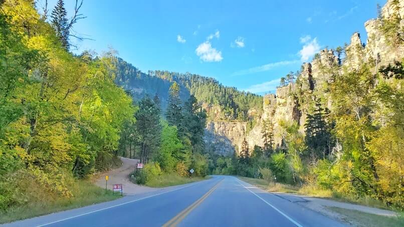 driving the spearfish canyon scenic byway from bridal veil falls to split rock. black hills. south dakota