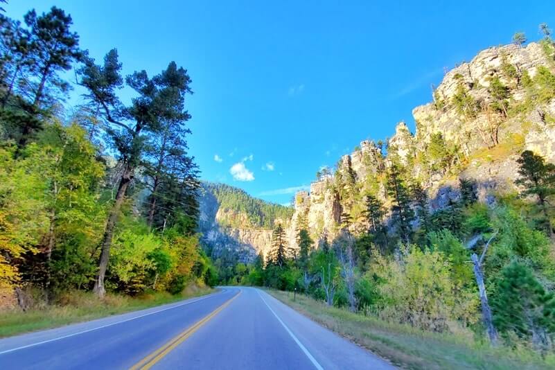 driving the spearfish canyon scenic byway from bridal veil falls to split rock. black hills. south dakota