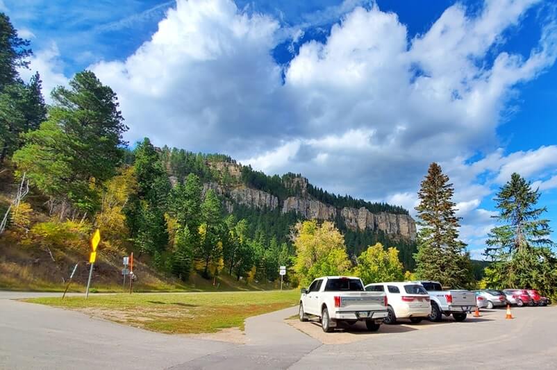 spearfish canyon scenic byway: spearfish falls parking. black hills, south dakota scenic drive.