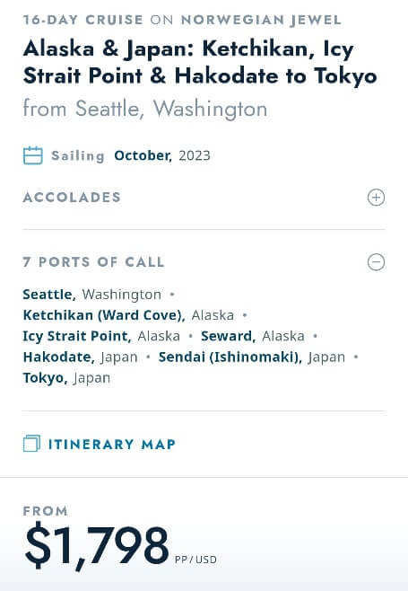cost of solo cruise from us to japan. transpacific cruise from seattle to japan. seattle to alaska to japan cruise.