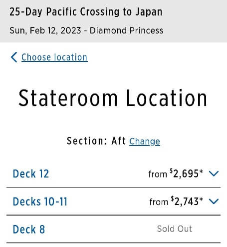 best cabin deck for transpacific cruise cost