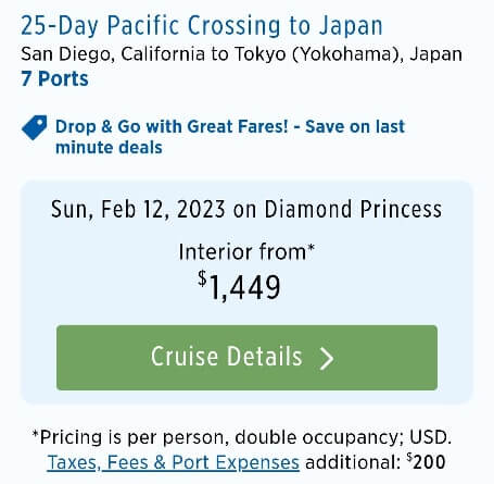 cheap transpacific cruise cost per person, double occupancy for inside