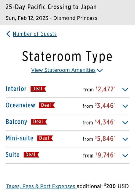 transpacific cruise cost for solo travelers, single occupancy for inside vs balcony cabin