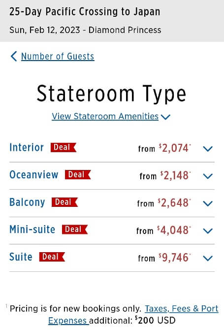 cheap transpacific cruise cost for solo travelers, single occupancy for inside vs balcony cabin