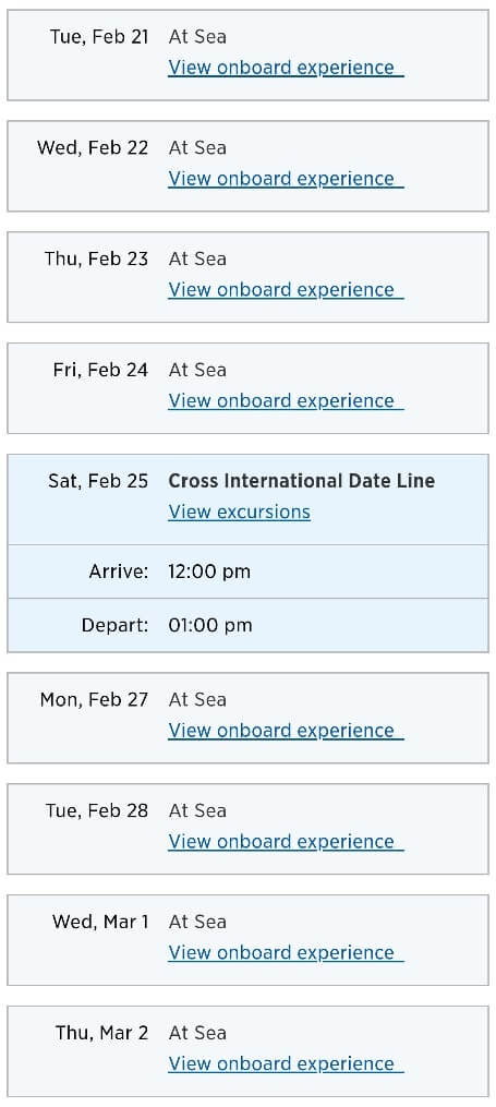 transpacific cruise itinerary. cross international date line cruise ship. transpacific cruise sea days