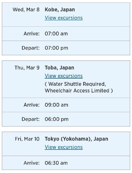 transpacific cruise itinerary. transpacific cruise to japan. osaka, kobe, toba, yokohama, tokyo. cruise ports