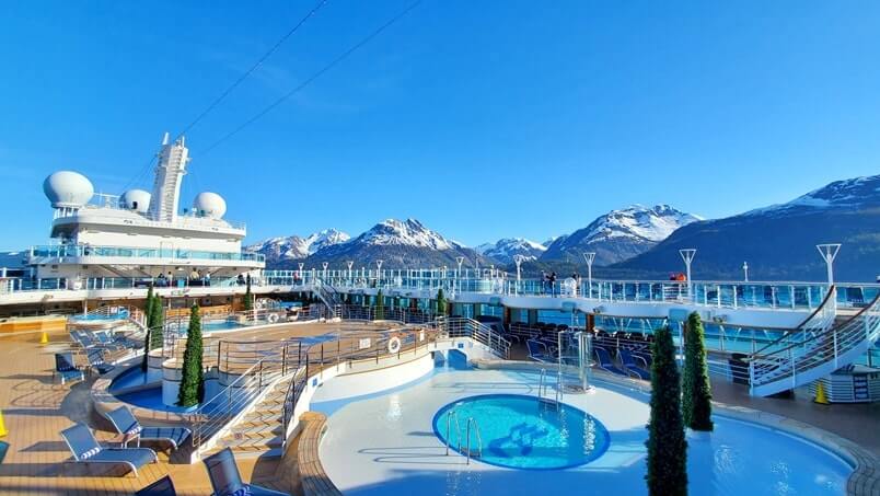 majestic princess, outside, stairs from lido deck near pool. princess cruise ship outdoor public viewing area