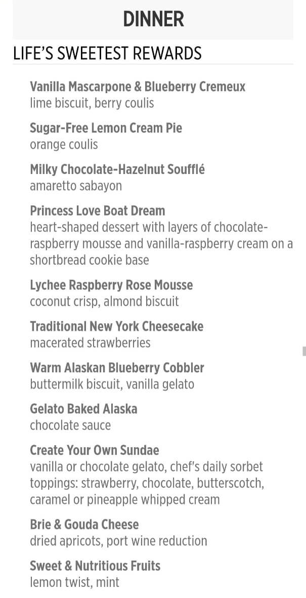 princess alaska cruise dessert menu. princess cruise dessert