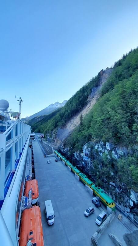 railroad dock pier, skagway cruise port shuttle due to rock fall