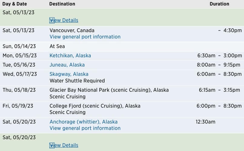 princess whittier cruise port itinerary what time