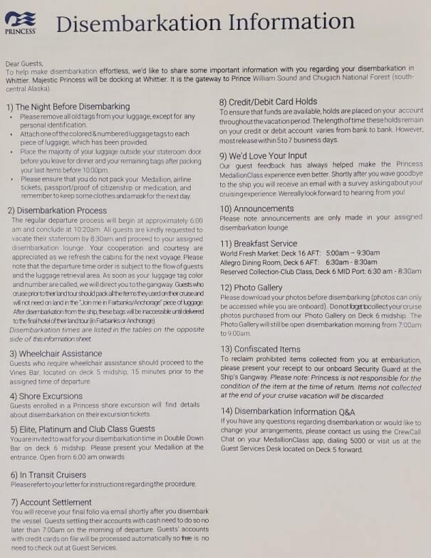 whittier disembarkation information