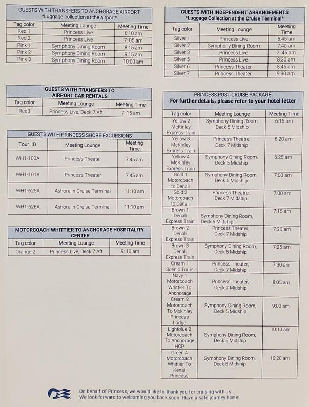 whittier disembarkation times. what time can you get off the cruise ship in whittier