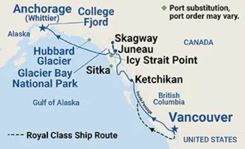 alaska cruise vancouver to anchorage whittier one way map