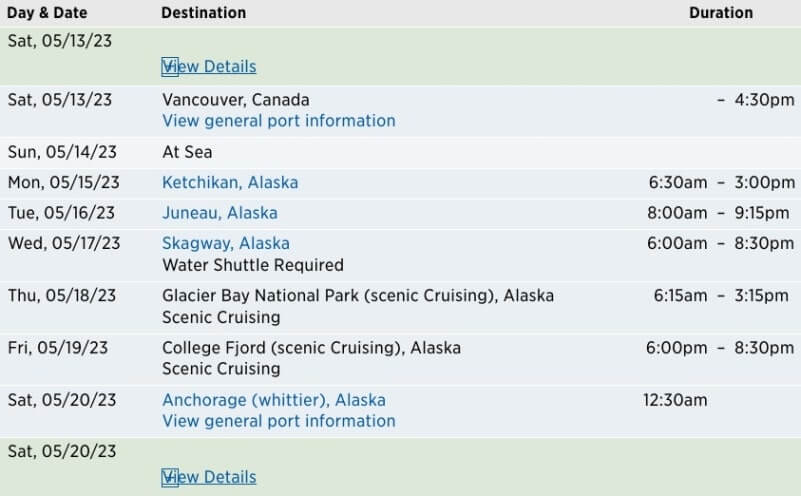 alaska cruise ports time in port for one-way alaska cruise from vancouver to anchorage whittier