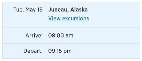 alaska cruise itinerary for vancouver to anchorage. time in juneau cruise port itinerary