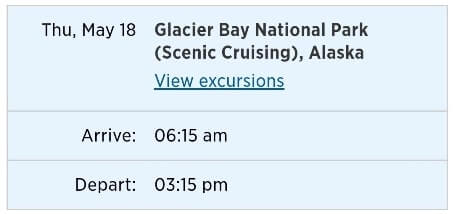 alaska cruise itinerary for vancouver to anchorage. time in glacier bay national park cruise port itinerary