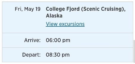 alaska cruise itinerary for vancouver to anchorage. time in college fjord cruise port itinerary