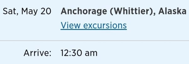 anchorage whittier cruise itinerary. whittier in may. what time in whittier cruise port.