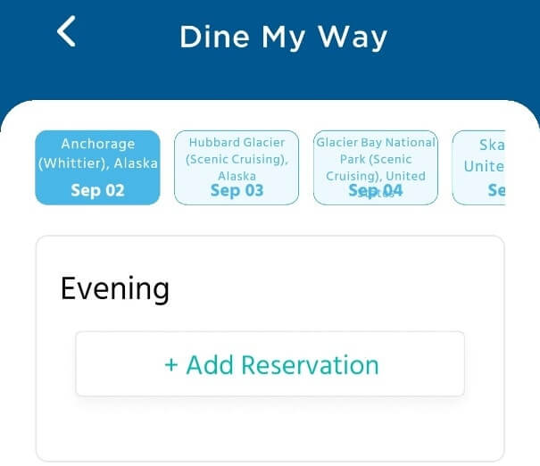 how to make princess cruise dining reservations on the app. princess evening dinner reservations