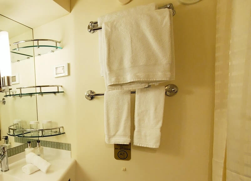 inside cruise ship bathroom. towels. inside princess cruise bathroom in cabin