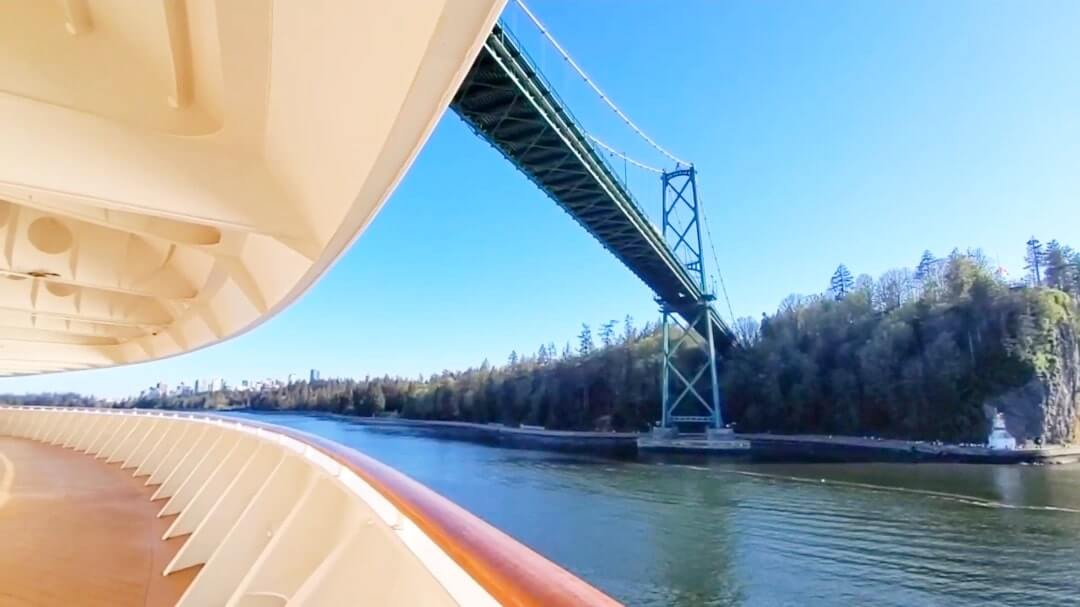 lions gate bridge, vancouver. sailing under lions gate bridge on a cruise ship