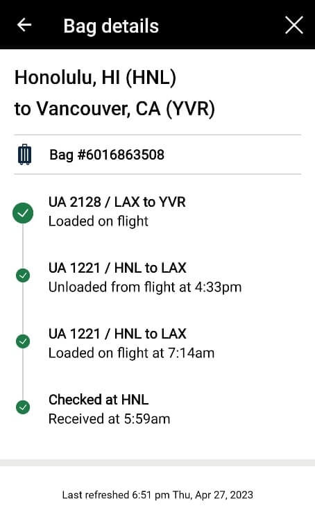 united baggage tracker on a layover, united app