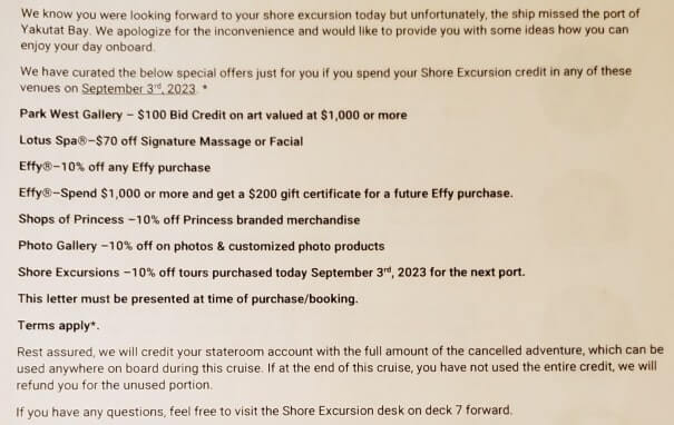 do you get compensation for canceled cruise port. shore excursion discount