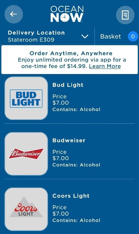order beer for room service, princess cruise drinks